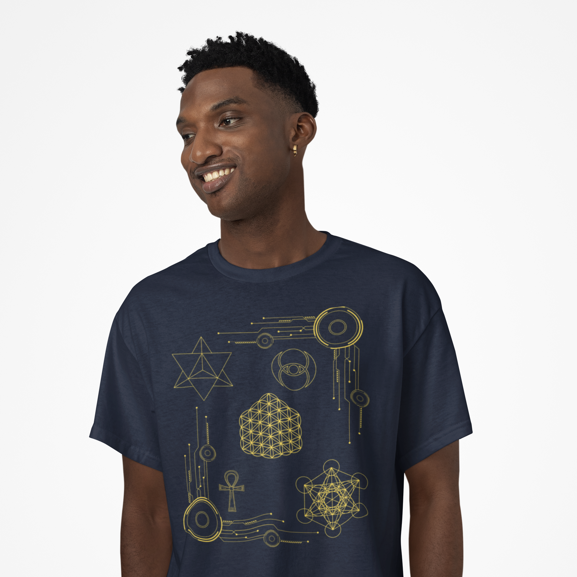 Man wearing a navy blue t-shirt with gold geometric designs on a white background