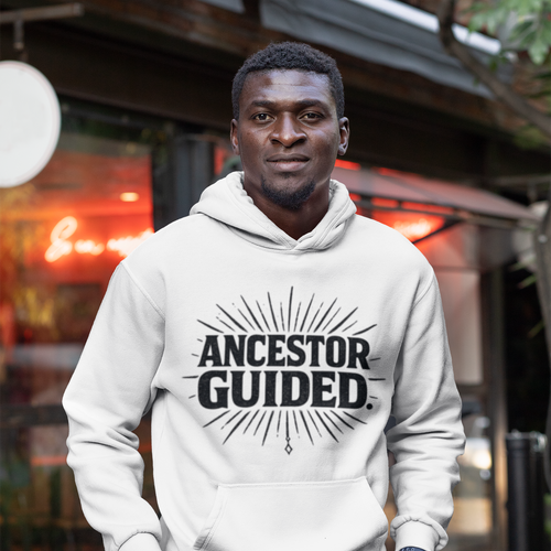 White hooded long sleeve tee Ancestor Guided spiritual heritage graphic shirt 3rd Eye Apparel