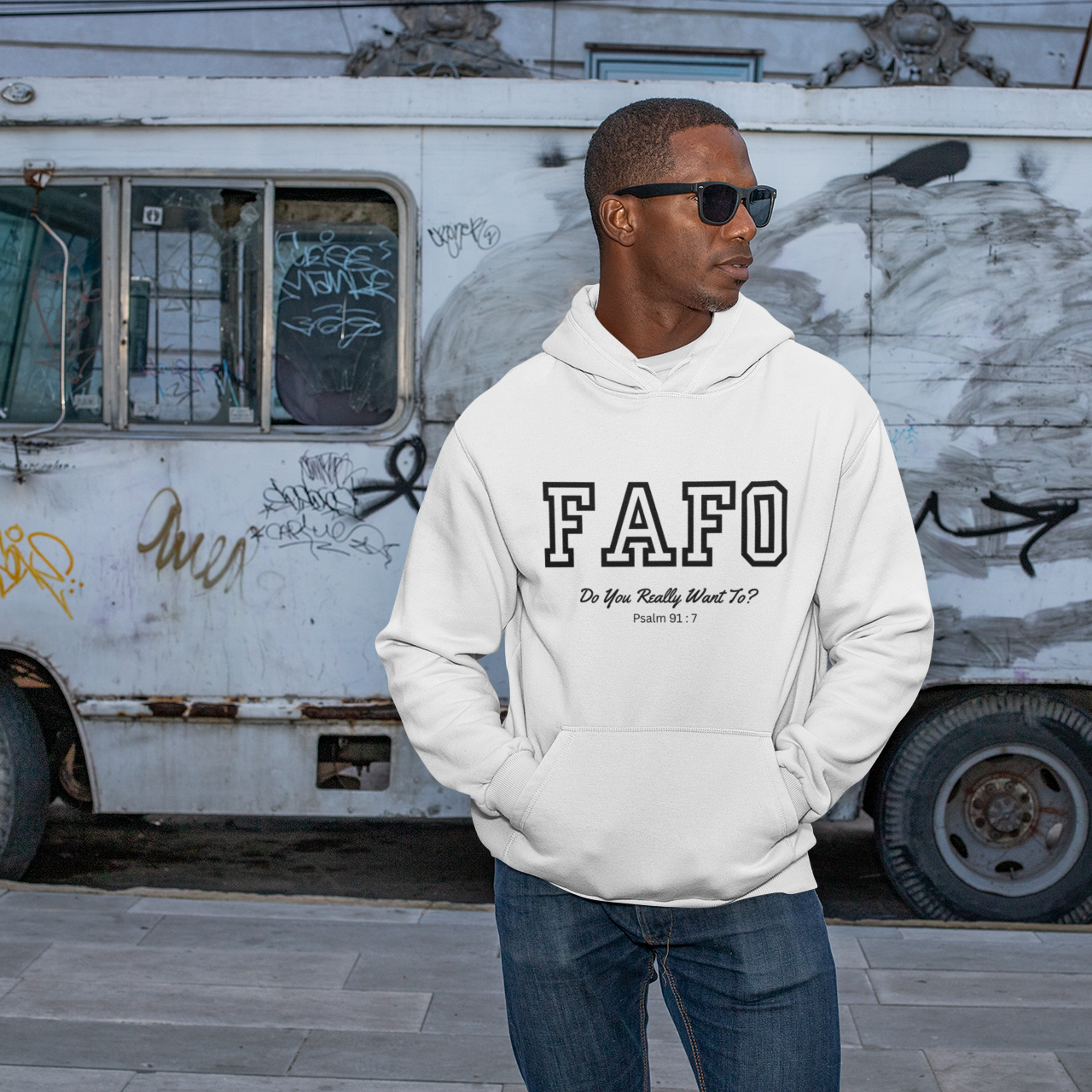 Black biblical streetwear hoodie FAFO Psalm 91:7 sleeve print faith protection 3rd Eye Apparel
