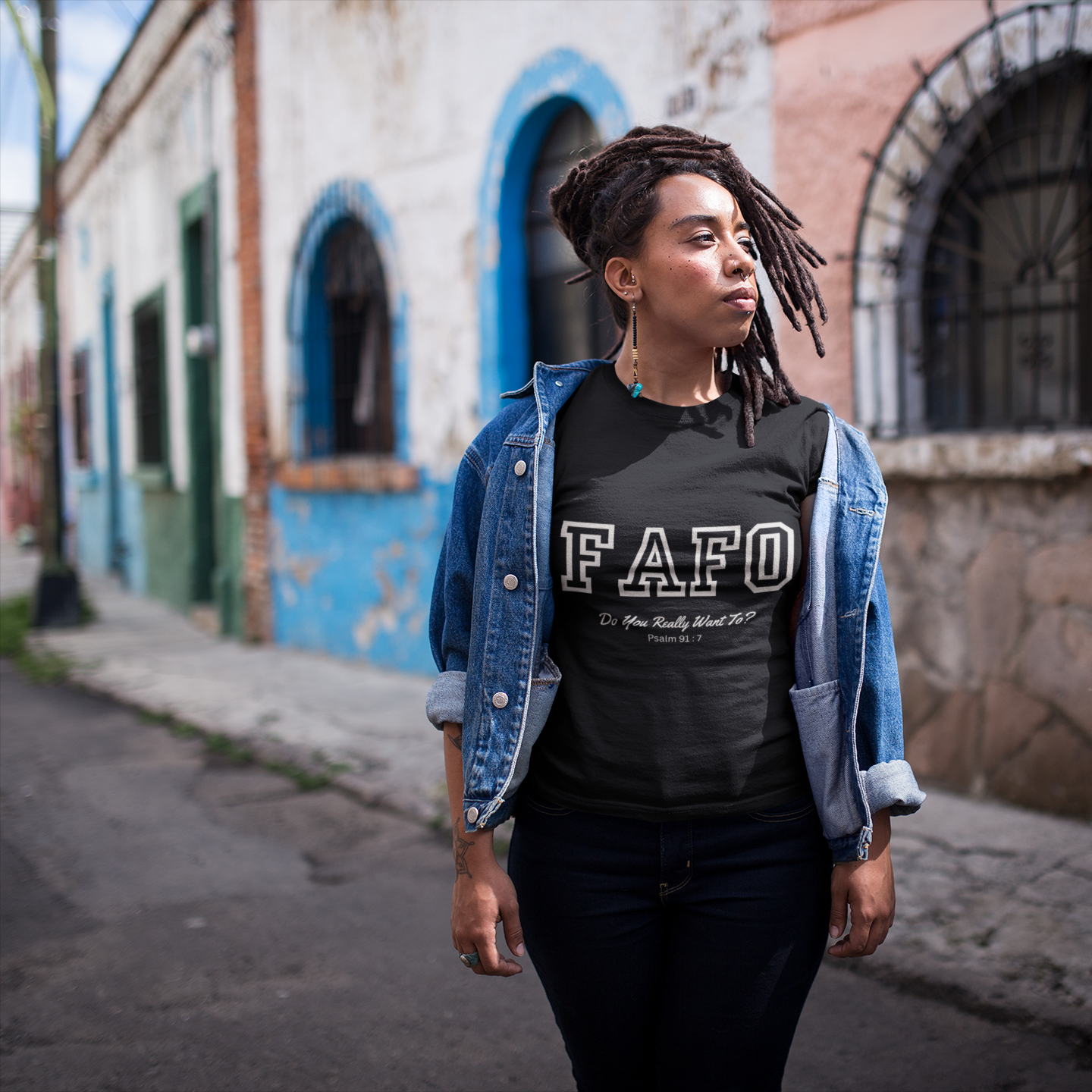 Black biblical streetwear tee FAFO Psalm 91:7 sleeve print A Thousand Shall Fall 3rd Eye Apparel