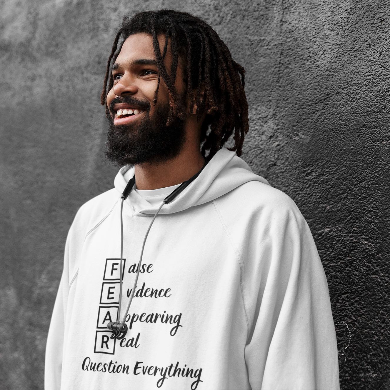 White hooded long sleeve tee FEAR False Evidence Appearing Real spiritual streetwear 3rd Eye Apparel