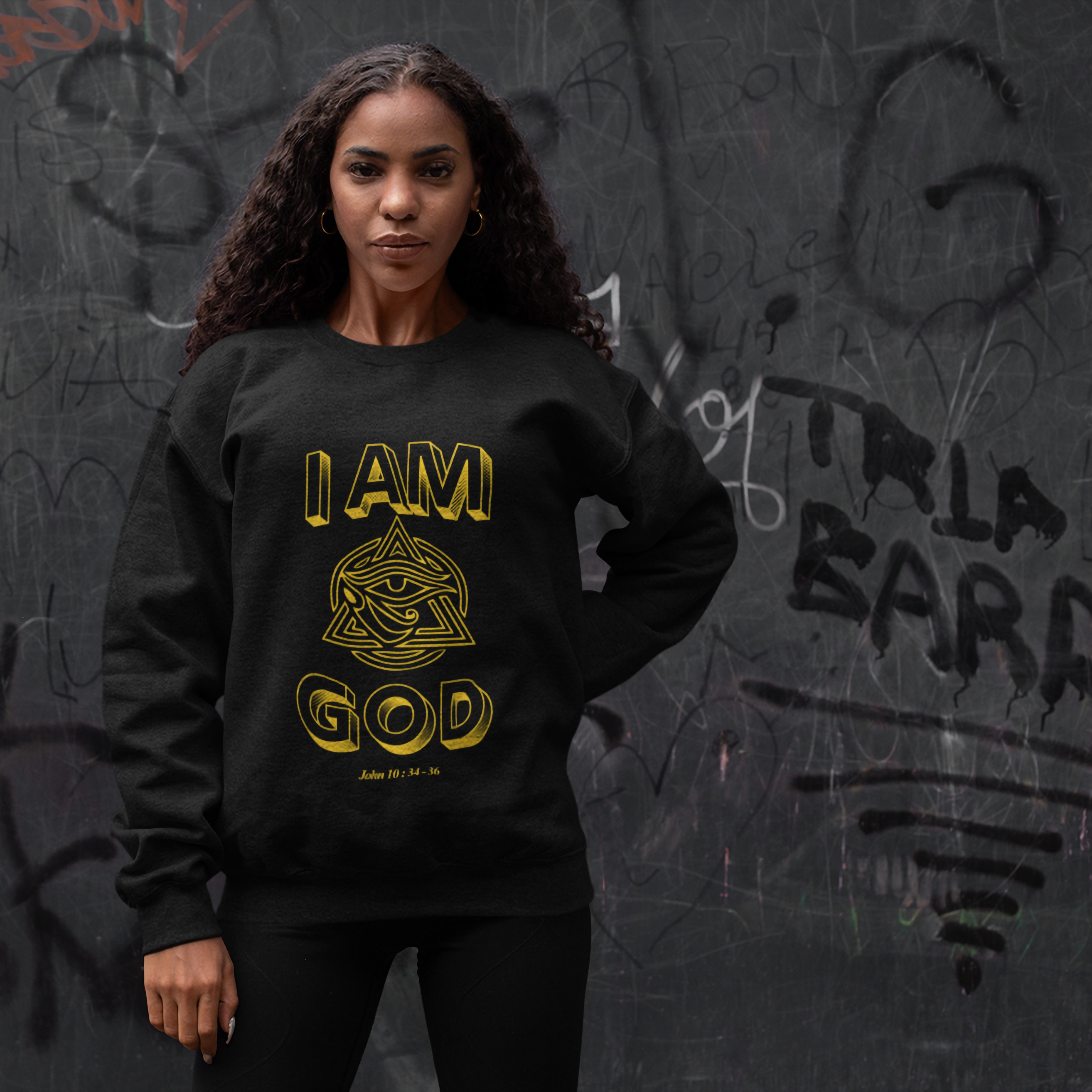 Black crewneck sweatshirt I AM GOD bold gold biblical consciousness streetwear 3rd Eye Apparel